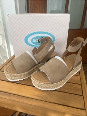 Soda Tan Wedge Espadrille Sandals with Ankle Strap